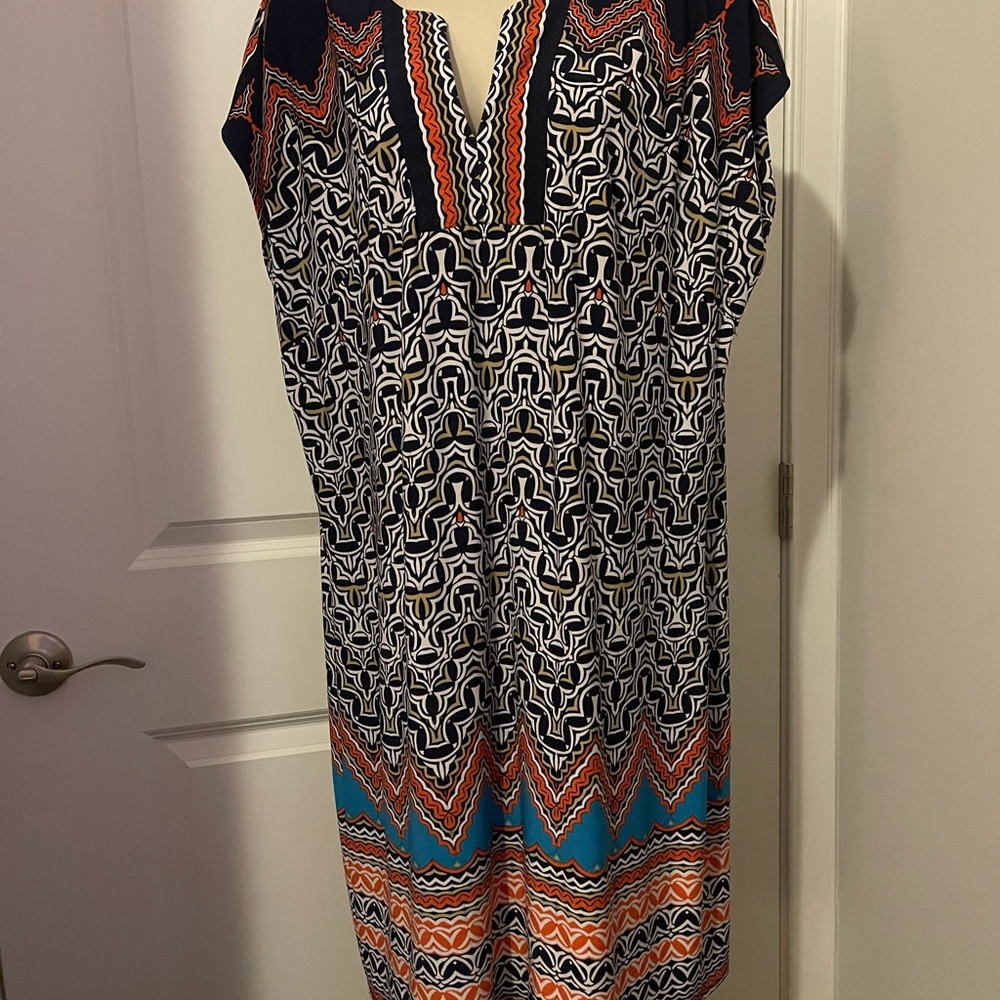 Laundry by Shelli Segal Navy White Taupe & Orange Boho Sheath Dress V-Neck Sz L